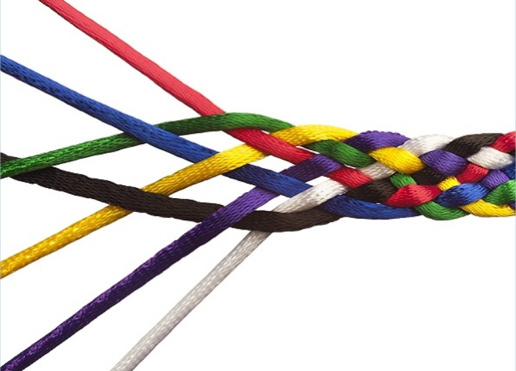 A stock image of different coloured threads coming together, to represent partcipatory research and approaches.