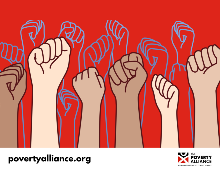 A cartoon showing people with different skin colours holding clenched fists aloft, as a symbol of solidarity.