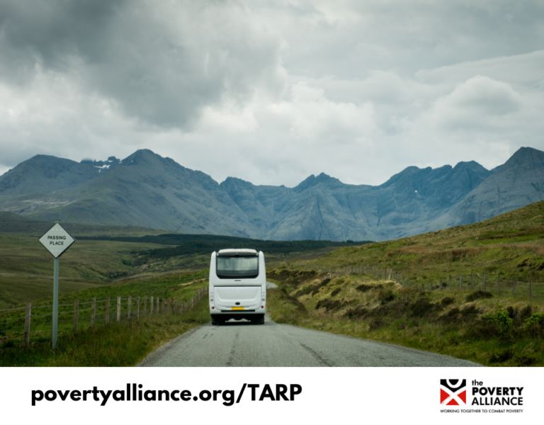 A bus making its way along a single track road in Scotland. To illustrate TARP.