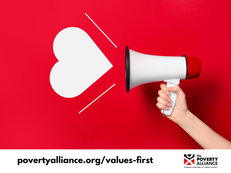 A stock image showing someone holding a megaphone, with a heart coming out of it, representing values-first communication.