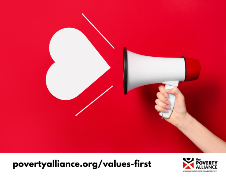 A stock image showing someone holding a megaphone, with a heart coming out of it, representing values-first communication.