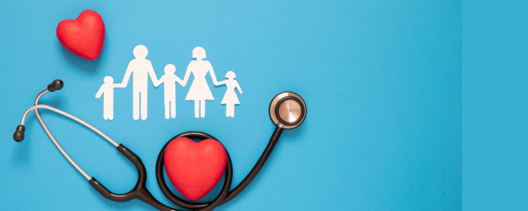 A stock image showing a stethoscope with red hearts and paper cut-out family. Representing health protection.